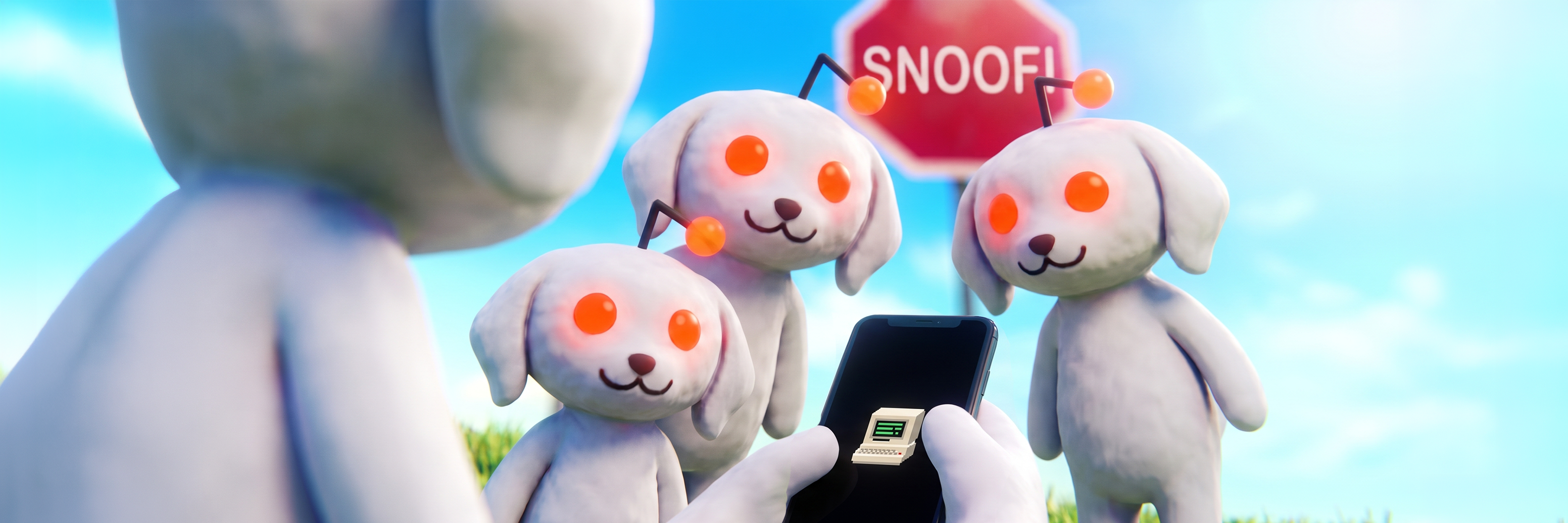 Snoofi dogs under a SNOOFI stop sign, one holding a phone showing a retro computer
