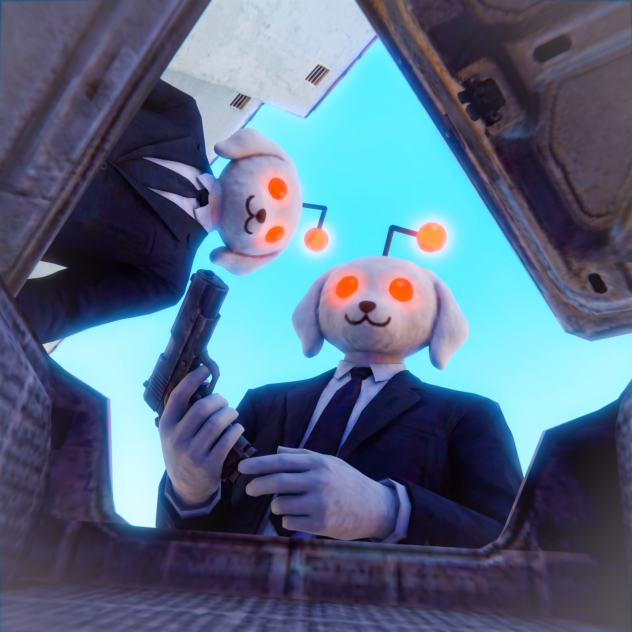 Two suited Snoofi mascots look down from an alley