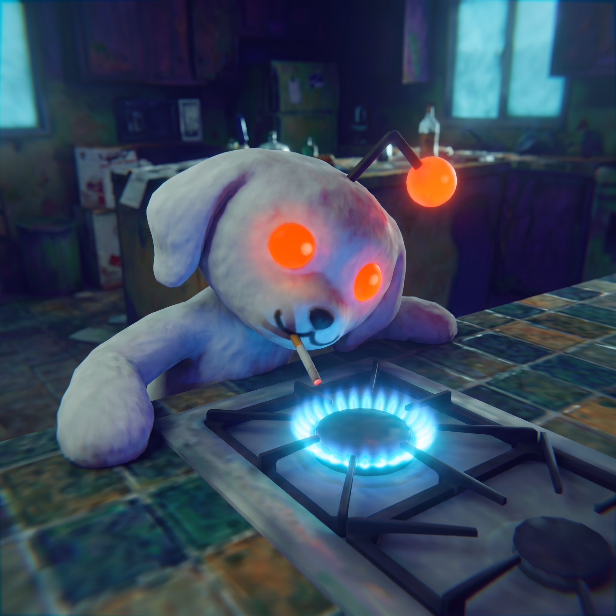 Snoofi lights a stove burner in a dim kitchen