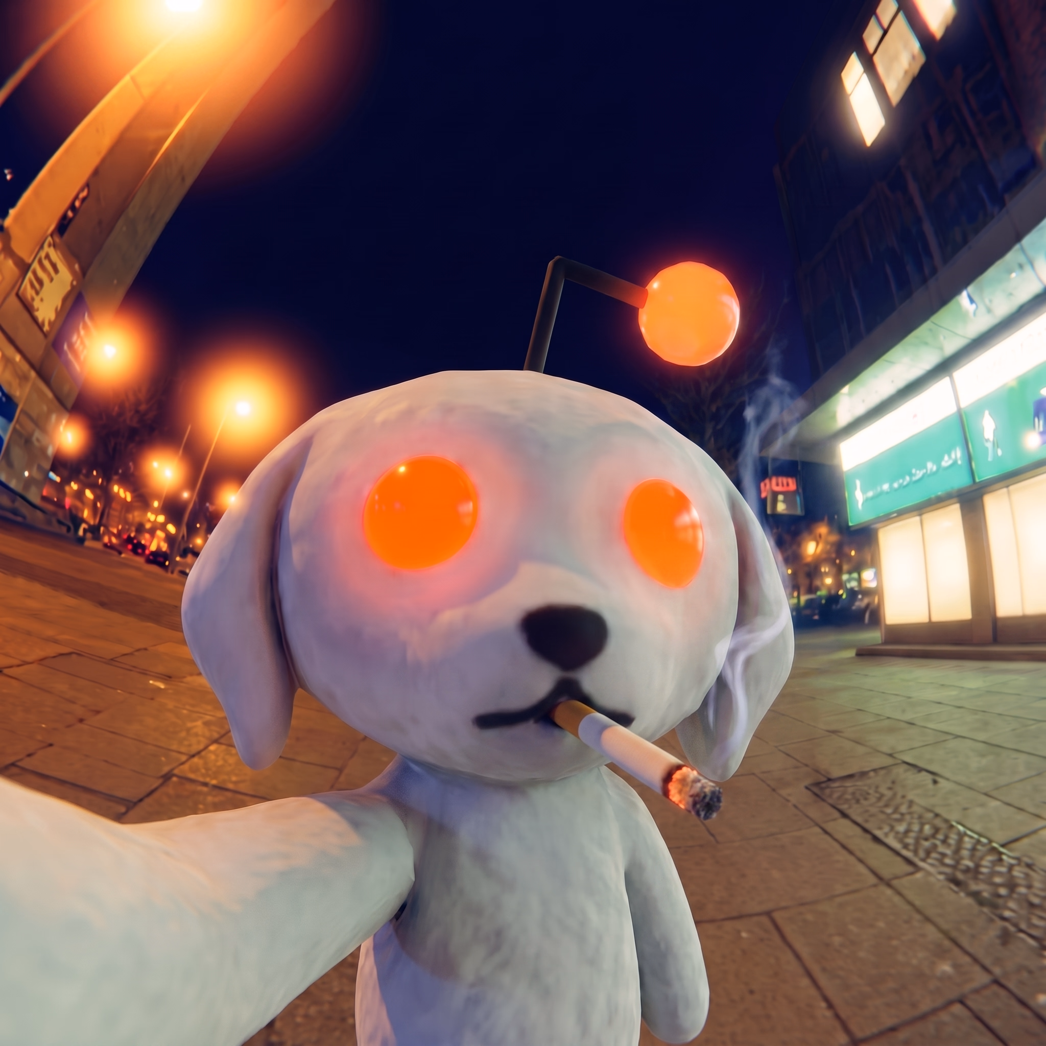 Snoofi smokes on a neon-lit city street