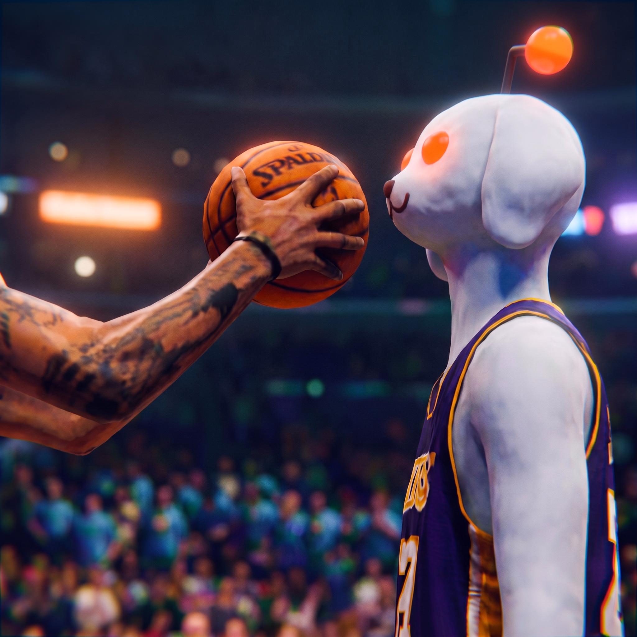 Snoofi faces a basketball player at courtside