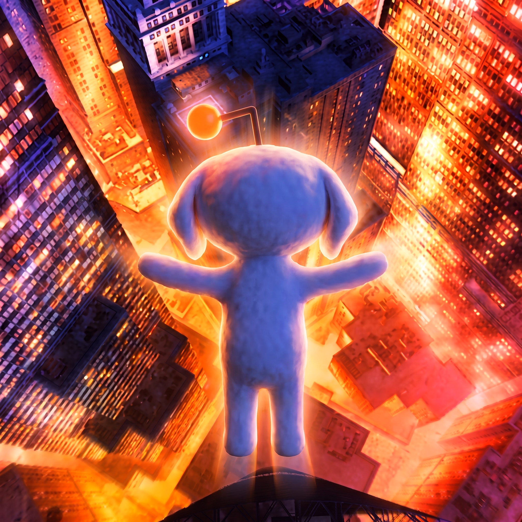 Snoofi overlooks a glowing city from a rooftop
