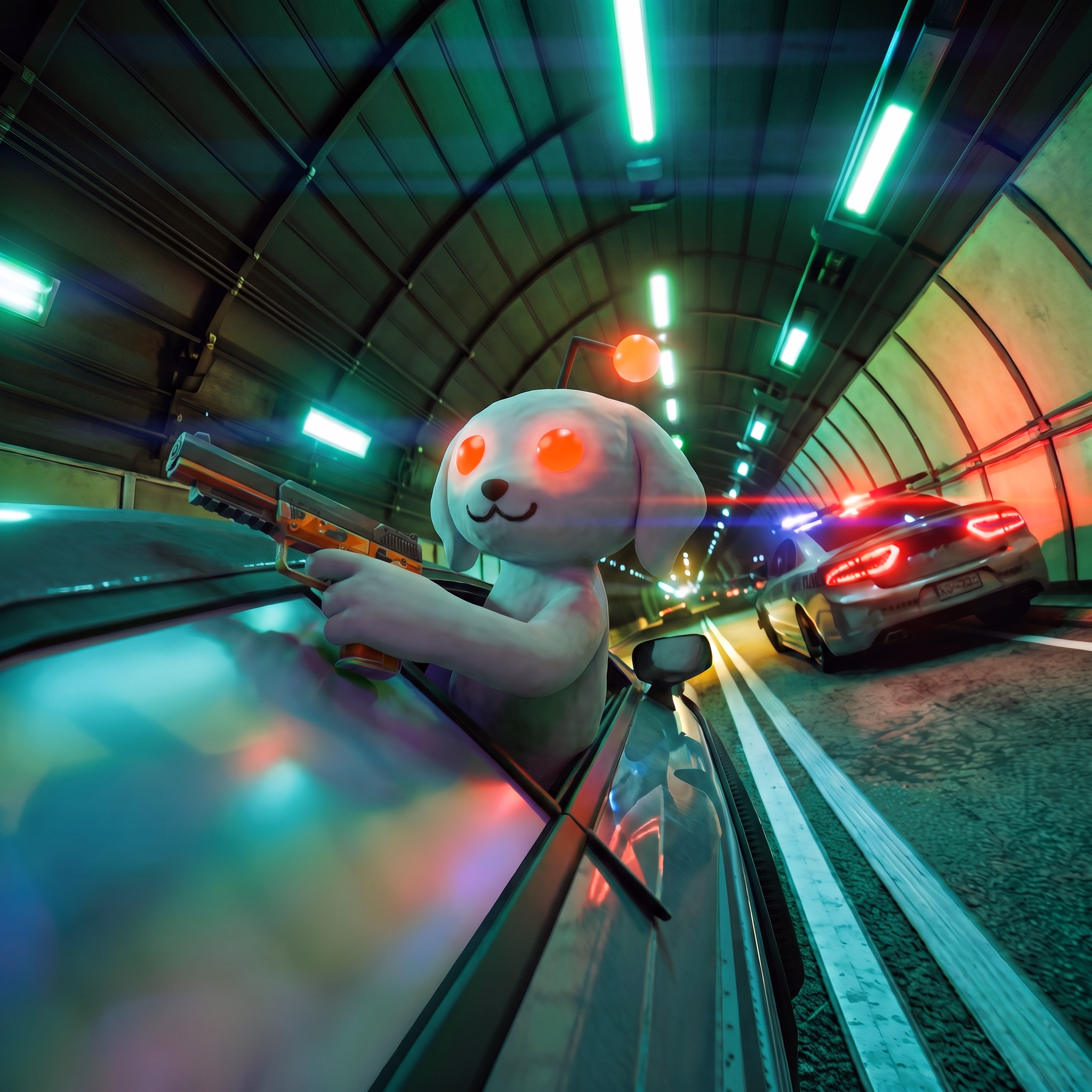 Snoofi speeds through a neon tunnel in a sports car