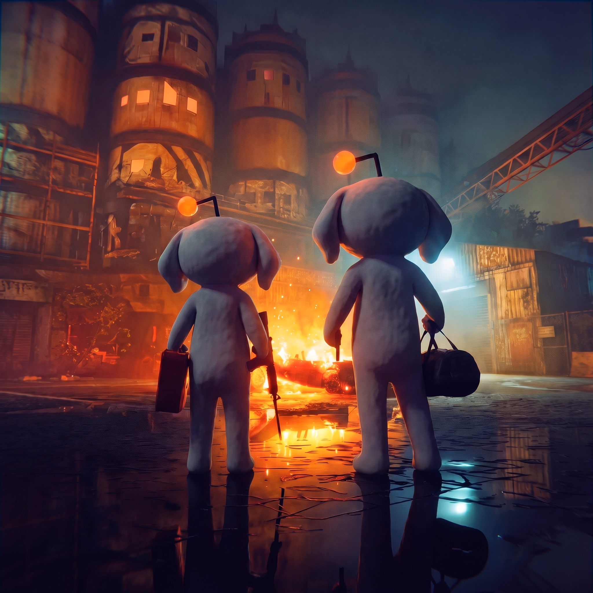 Two Snoofi figures watch an industrial fire